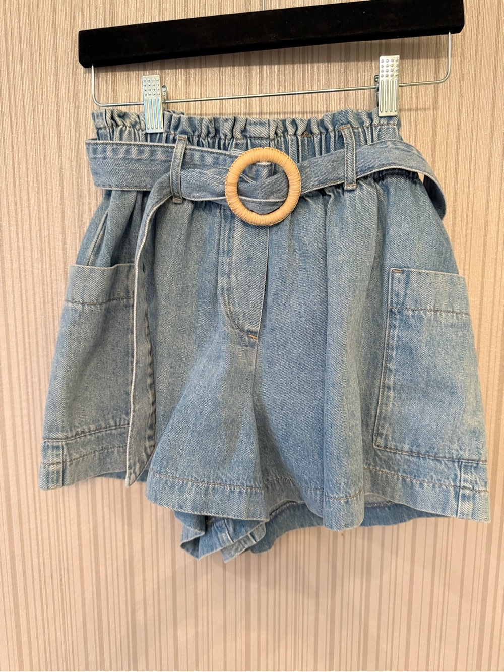 High-Waist Light Blue Denim Paperbag Shorts with Belt